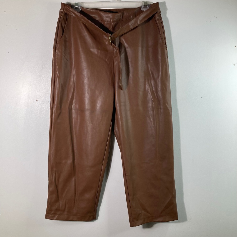 Womens Andrew Marc New York Faux Leather Cropped Belted Pants Brown Cognac 8